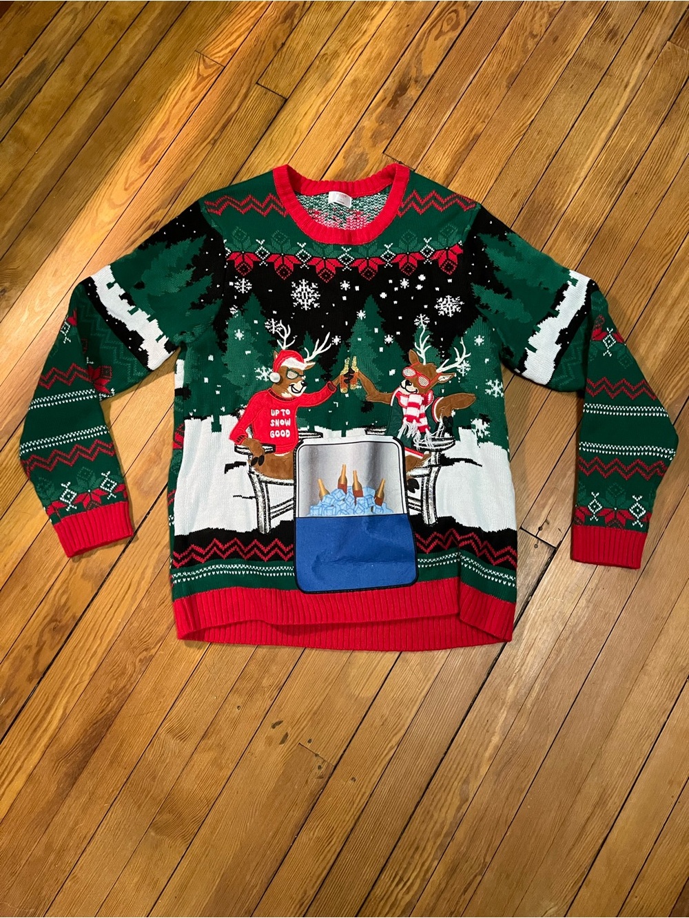 Holiday Time Ugly Sweater beer holder deer Christmas size large funny novelty